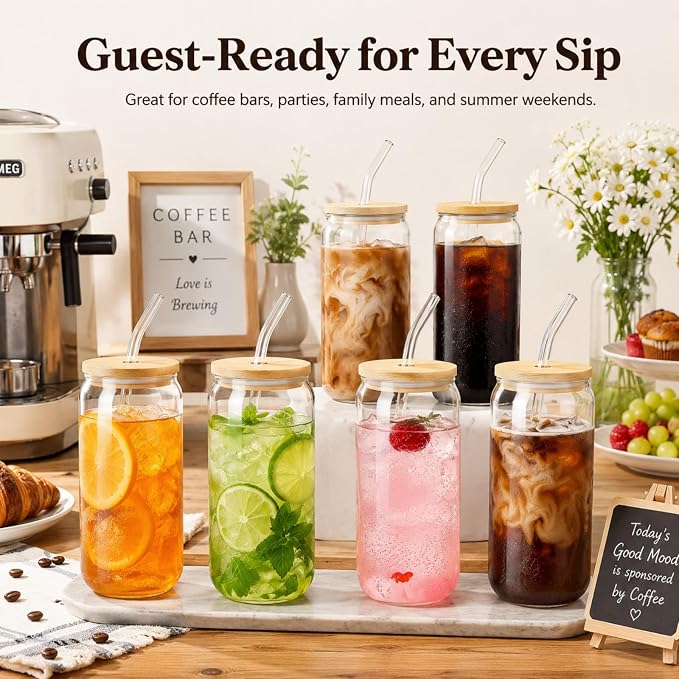 Glass Cups with Lids and Straws Set of 16, 16 oz Can Glasses with Bamboo Lids - Image 8