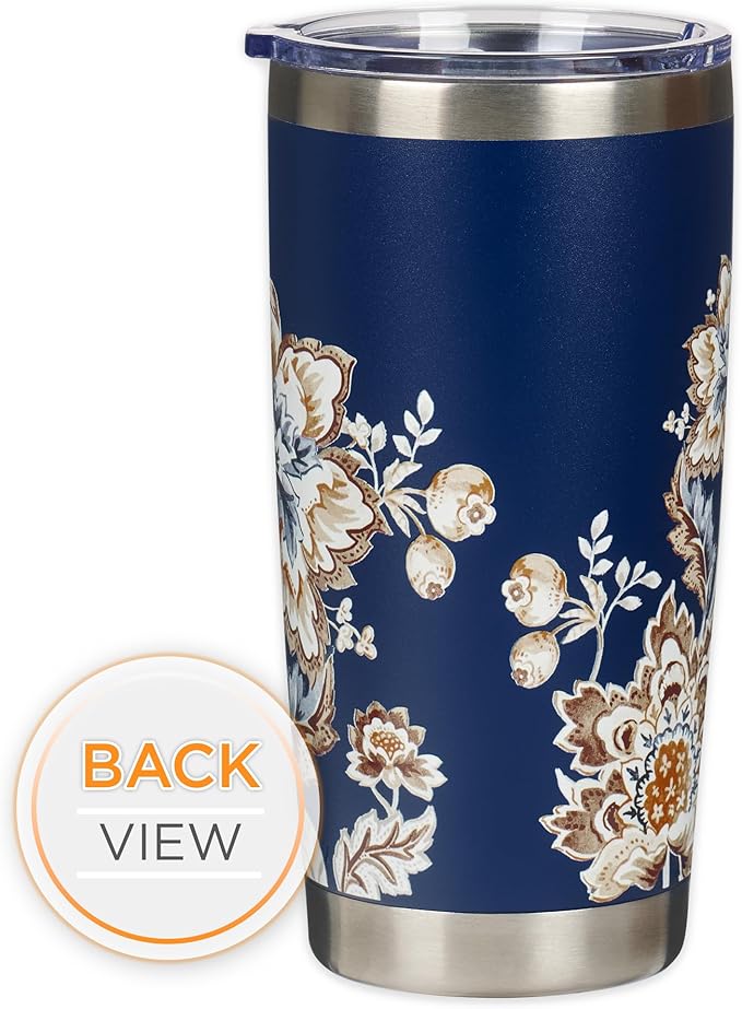 Christian Art Gifts Stainless Steel Scripture Tumbler Travel Mug for Women: All Things Through Christ Inspirational Bible Verse, Double-wall Vacuum Insulated w/Lid Hot/Cold, Navy Blue Floral, 18oz.