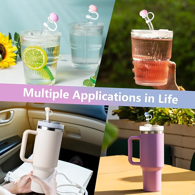 6Pcs Cute Mushroom Straw Cover Cap for Stanley Cup Decor, 10mm Reusable Cute Pink Drinking Straw Topper Accessories for, Portable Protector Plugs Decorations Gifts for Kids Party Favors