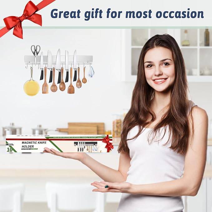 17 Inch Magnetic Knife Holder for Wall - Stainless Steel Knife Magnetic Strip No Drill with 10 Hooks/Adhesive Tape/Screws, Kitchen Utensil Holder, Magnetic Knife Organizer, Wall Mounted Knife Storage