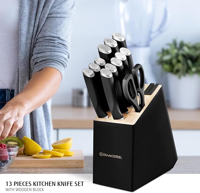 Black Knife Set, 13 Pieces Knife Block Set with Built-in Sharpener Scissors for Kitchen Meat & Vegetable Cutting, Dishwasher Safe Knives Set Present for Family & Restaurant