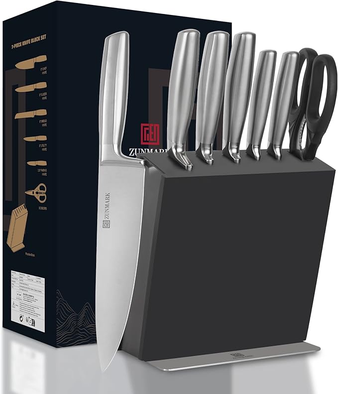 Magnetic Knife Block Set, 7pcs Ultra Sharp Knife Set with Shears, Space-Saving Design for Home and Professional Kitchens, Silver