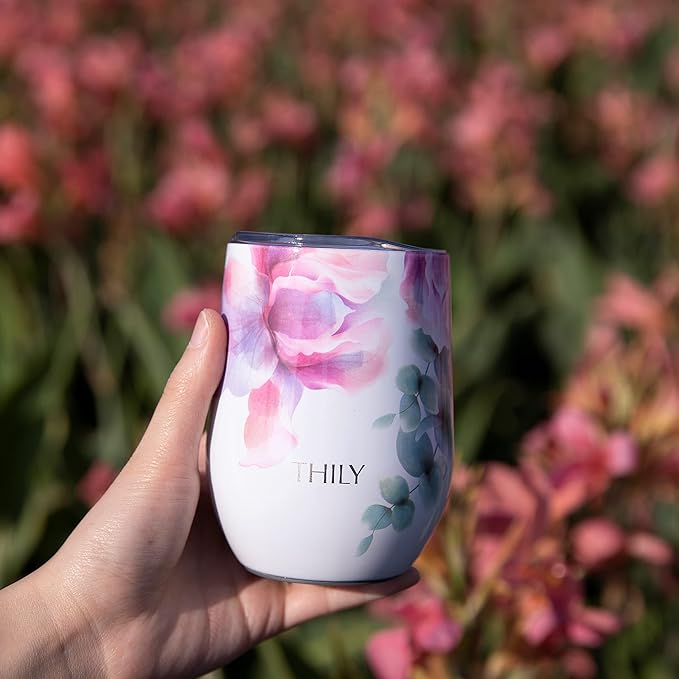 THILY Stainless Steel Insulated Wine Tumbler Stemless Wine Glass with Lid and Straw, Splash-proof, Cute Travel Cup for Coffee, Cocktails, Christmas Gift for Women, Mother, Wife, Girls, Pink Lilies