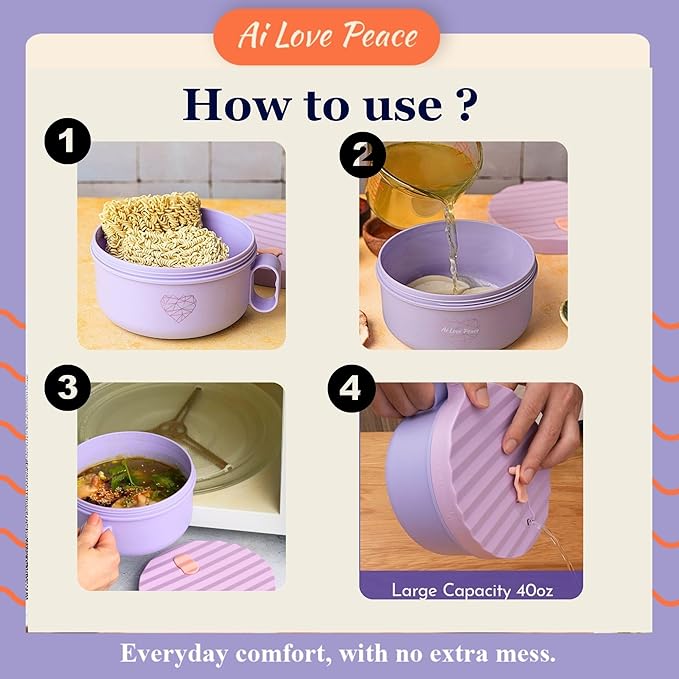 AI LOVE PEACE Ramen Bowl, 40 oz Microwaveable Noodle Cooker for Ramen, Pho, Soup, and Pasta, Dishwasher Safe and Portable, Ideal for Home, Office, Dorm, or Gift (Purple)