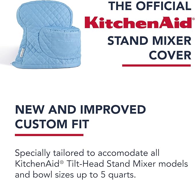 KITCHENAID Fitted Tilt-Head Stand Mixer Cover with Storage Pocket, Quilted 100% Cotton,14.4"x18"x10", Blue Velvet