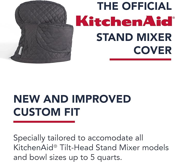 KITCHENAID Fitted Tilt-Head Stand Mixer Cover with Storage Pocket, Quilted 100% Cotton,14.4"x18"x10", Charcoal Grey