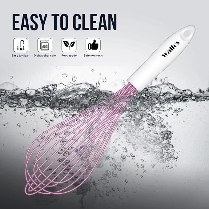 Walfos Whisk, Silicone Whisks for Cooking & Baking Non Scratch Rubber Coated Pink Whisk for Non-stick Wisk, Perfect for Frothing, Blending, Beating and Whisking (3pack Pink)