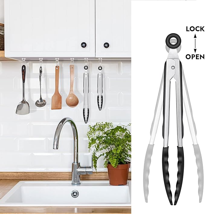 HOTEC Premium Stainless Steel Locking Kitchen Tongs with Silicon Tips, Heat Resistant Cooking Tongs Set of 3-7", 9" and 12" (Black)