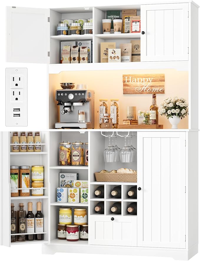 FINETONES 71" Pantry Cabinet with 7-Color LED Light and Charging Station, Kitchen Pantry Cabinet with Microwave Stand, Kitchen Hutch Food Storage Cabinet with Outlet and Wine Racks, White