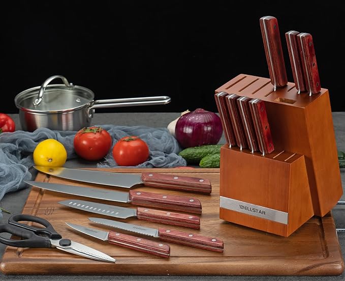 14 Slot Kitchen Knives Block, WELLSTAR Natural Wood Knife Holder without Knives – Hard Wood Countertop Knife Storage – Brown