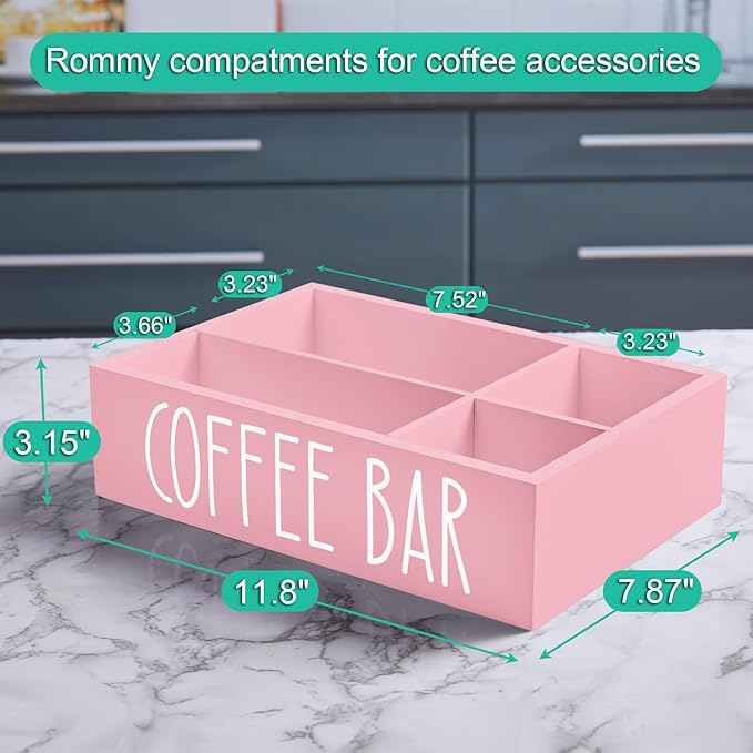ALELION ALEION Coffee Station Organizer - Wood Countertop Accessories Organizer with Removable Dividers for Pods Condiment Syrup Tea Cups Stirrers - Pink Decor for Kitchen Coffee Bar
