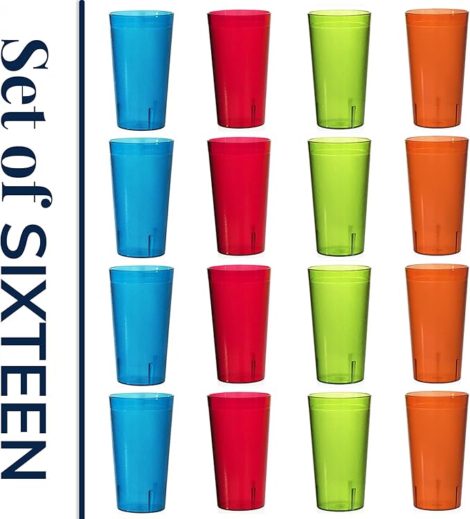US Acrylic Cafe Plastic Reusable Tumblers (Set of 16) 20-ounce Water Cups Assorted Colors | Restaurant Style Drinking Glasses Value Set, Stackable, BPA-free, Made in the USA | Top-rack Dishwasher Safe