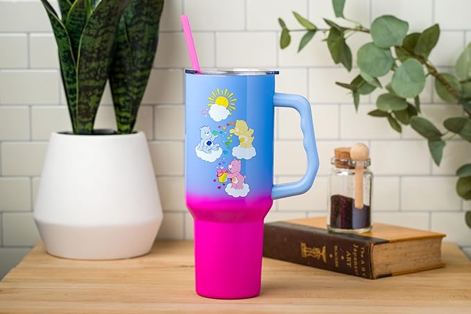 Silver Buffalo Care Bears Ombre Stainless Steel Travel Tumbler With Handle, Lid, and Reusable Straw | Holds 40 Ounces