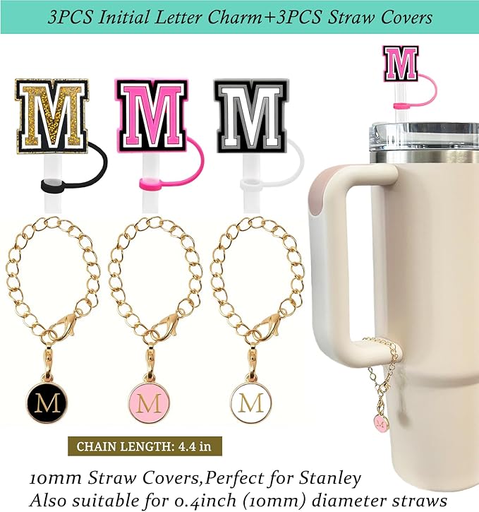 (3 +3) 3PCS Nuozme Straw Cover 10mm For Stanley Tumbler Cup Reusable Straw Cap Topper with 3 Initial Letter Charms Accessories Name ID Personalized Handle Charm For Stanley 30&40 Oz Cup Tumbler