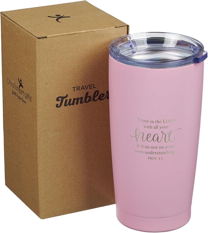 Christian Art Gifts Stainless Steel Double-Wall Vacuum Insulated Travel Mug 18 oz Pink Tumbler with Lid for Women Inspirational Bible Verse - Trust in the Lord - Proverbs 3:5