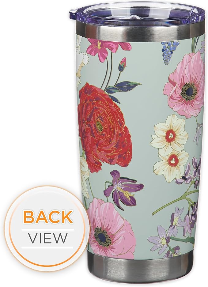 Christian Art Gifts Large Stainless Steel Scripture Travel Mug Tumbler for Women: Lord is My Strength Inspirational Bible Verse, Double Wall Vacuum Insulated w/Lid, Mint Green Multicolor Floral, 18oz.