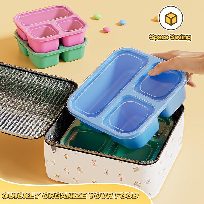 6 Pcs Snack Box Container Set, Reusable 3&4 Compartment Meal Prep Snack Containers for Adults Kids Toddler, BPA-Free Divided Lunchable Container for School, Work and Travel (Transparent Lids)