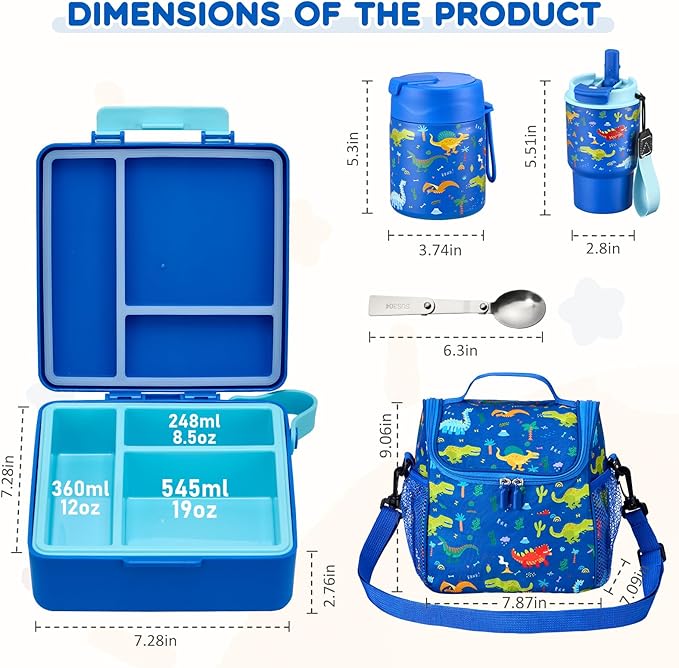 Lunch Box Set with Bento Box Container, 17OZ Stainless Steel Food Soup Thermo, Kids Water Bottle & Portable Insulated Lunch Bag, Leakproof, Hot/Cold Retention for School, Travel (Dinasour)