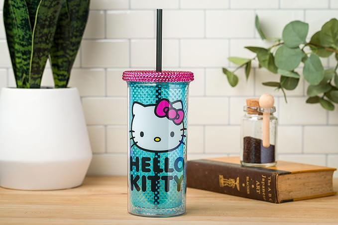 Silver Buffalo Sanrio Hello Kitty Blue Polka Dot Plastic Cold Cup with Rhinestones Lid and Straw, 20 Ounces