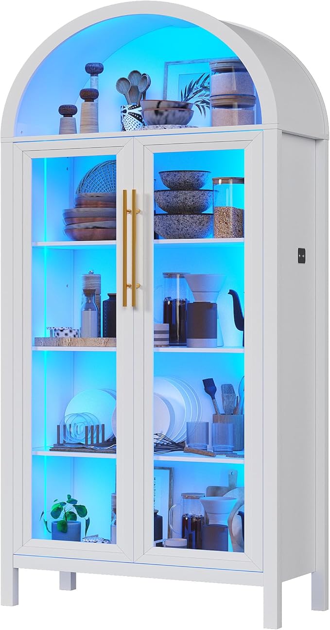 Arched Kitchen Pantry Cabinet with Glass Doors, Display Curio Case with 3 Color LED Lights for Collectibles, Modern 5-Tier Storage Hutch Cabinet, White