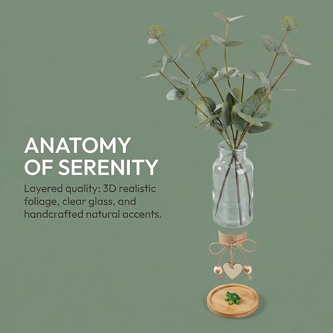 Artificial Eucalyptus Greenery Stems in Glass Vase - Image 9