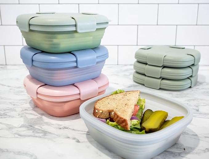 STOJO Collapsible Sandwich Box – 24oz, Reusable Food Storage Container, Silicone Bowl for Hot/Cold Food – Meal Prep, Lunch, Camping, Hiking – Dishwasher Safe (Set of 1, Sage Green)