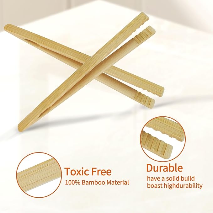 2 Pieces Natural Bamboo Toast Tongs, bamboo tongs,10.2 Inches Long Tongs with Anti-slip Design,for Toaster,Fruits, Bread & Pickles, Kitchen Utensil, Salad, Pasta, Grilling, BBQ