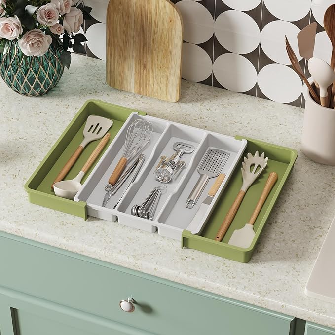 Lifewit Utensil Organizer for Kitchen Drawers, Expandable Cooking Utensil Tray, Adjustable Cutlery Silverware Flatware Holder, Spatula Tools and Gadgets Storage Divider, 13"-22.4" x 15", Green&White