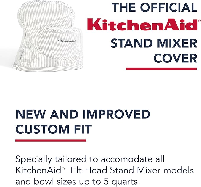 KITCHENAID Fitted Tilt-Head Stand Mixer Cover with Storage Pocket, Quilted 100% Cotton,14.4"x18"x10", Ticking Stripe Charcoal Grey