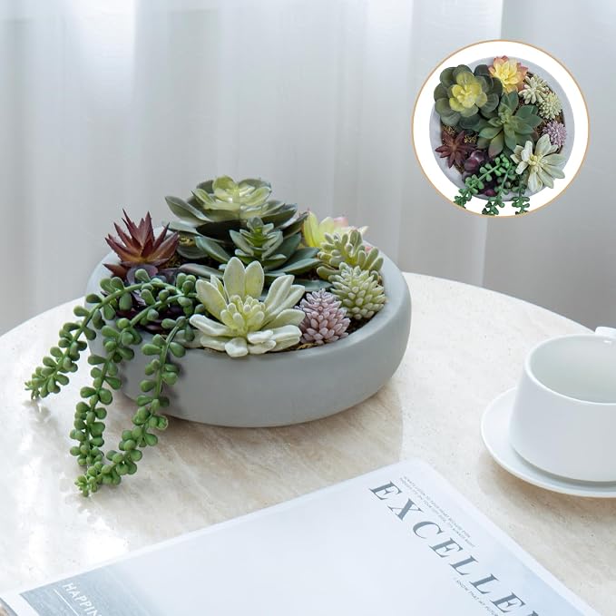 MyGift 8 Inch Round Modern Artificial Succulent Arrangement Potted in Gray - Image 7