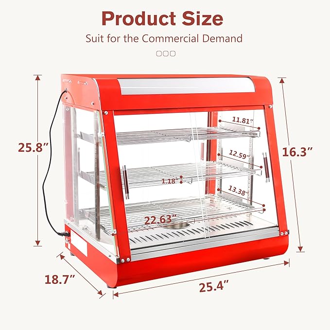 Whalefall 3-Tier Food Warmers Countertop, 27 inch Commercial Warm for Food Pizza Warmer w/ 3D Heating with Stainless Frame Sliding Glass Doors Pastry Display Case for Buffet Restaurant,Red