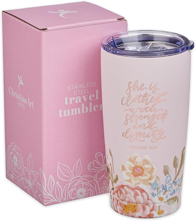 Christian Art Gifts Large Stainless Steel Inspirational Travel Mug Tumbler for Women: Strength & Dignity Scripture, Sturdy Vacuum Insulated, Hot/Cold, Retractable Lid, Pink Multicolor Floral, 18 oz.