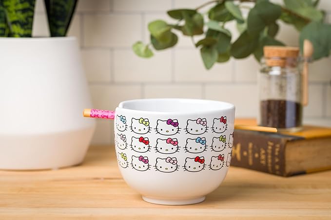 Silver Buffalo Sanrio Hello Kitty Face with Different Color Bows Pattern Ceramic Ramen Noodle Rice Bowl with Chopsticks, Microwave Safe, 20 Ounces