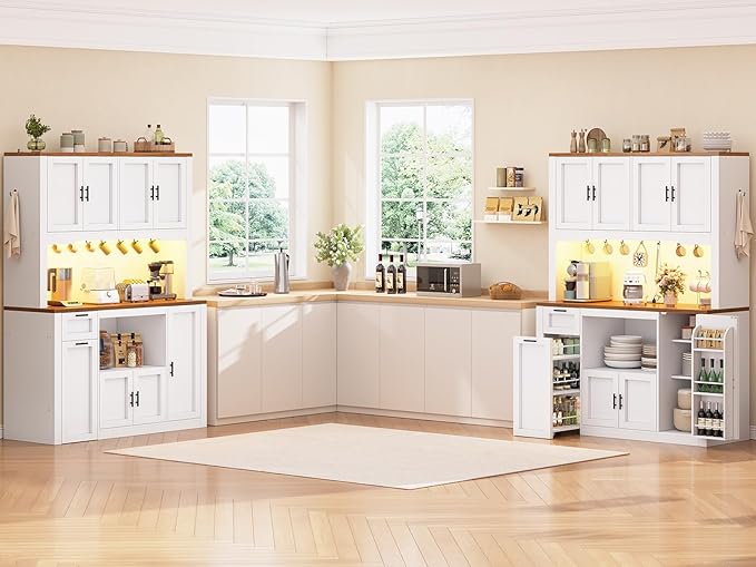 Itaar 71" Pantry Cabinet with Charging Station and LED Light, Kitchen Pantry Cabinet with Microwave Stand, 47.2" Wide Kitchen Storage Cabinets with Storage Cart 3 Tier for Dining Room, White