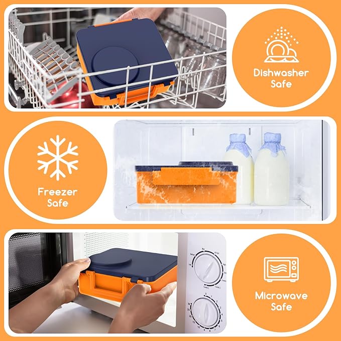 Bento Box for Kids - Leak-Proof Bento Lunch Box with Insulated Thermos Food Jar - 4 Compartments, 1 Removable Divider, 1Spoon, 1 Fork - Dishwasher Safe, BPA-Free (Navy blue)