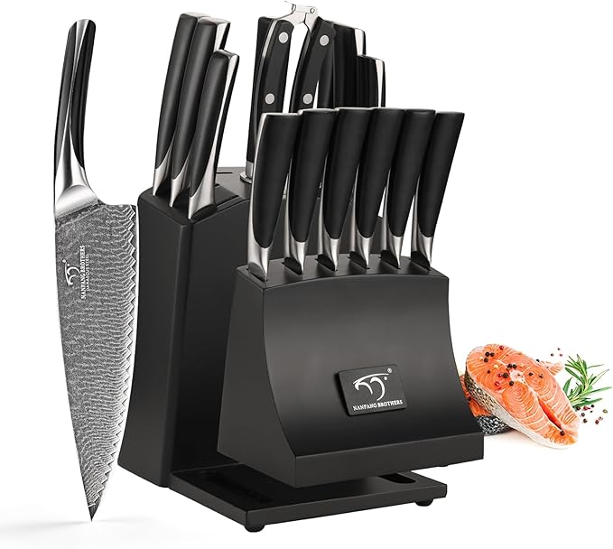 NANFANG BROTHERS Damascus Kitchen Knife Set, 15-Piece with Block, ABS Ergonomic Handle, Carving Fork, Disconnect-type Knife Block (Black)