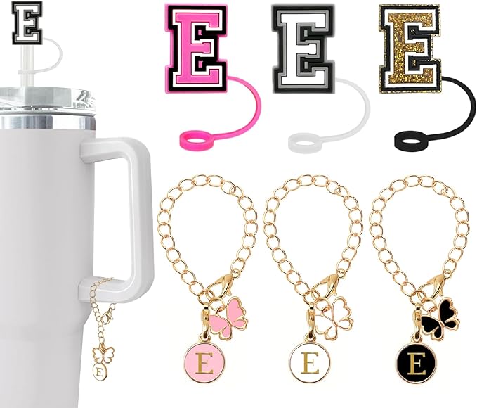 (3 +3) Nuozme Straw Cover Compatible with Stanley Tumbler Cup 3PCS Letter Straw Caps Toppers with 3 Initial Butterfly Charms Name ID For Stanley 30&40 Oz Cup