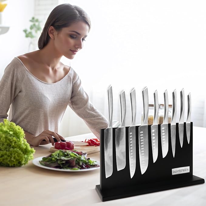 DAWNTREES Large Black Magnetic Knife Holder, 16 Inch Magnetic Knife Block Kitchen Counter Universal Knife Display Rack Multifunctional Storage