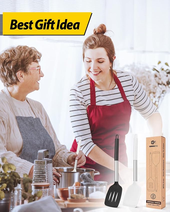 Pack of 2 Silicone Solid Turner, Non Stick Slotted Kitchen Spatulas, High Heat Resistant BPA Free Cooking Utensils, Ideal Cookware for Fish, Eggs, Pancakes(Black-White)