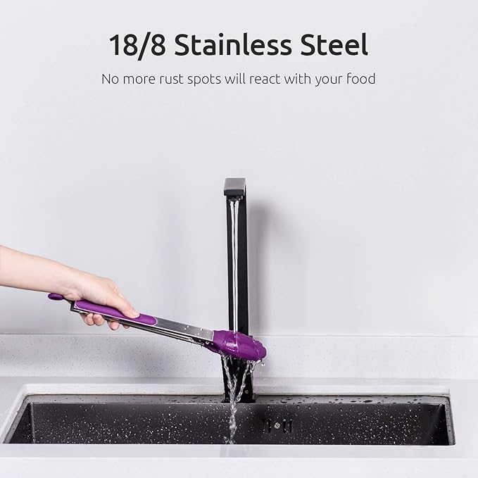 U-Taste Kitchen Tongs, 7/9/12 inches Cooking Tongs, with 600ºF High Heat-Resistant Non-Stick Silicone Tips, 18/8 Stainless Steel Handle, for Food Grill, Salad, BBQ, Frying, Serving, Pack of 3(Purple)