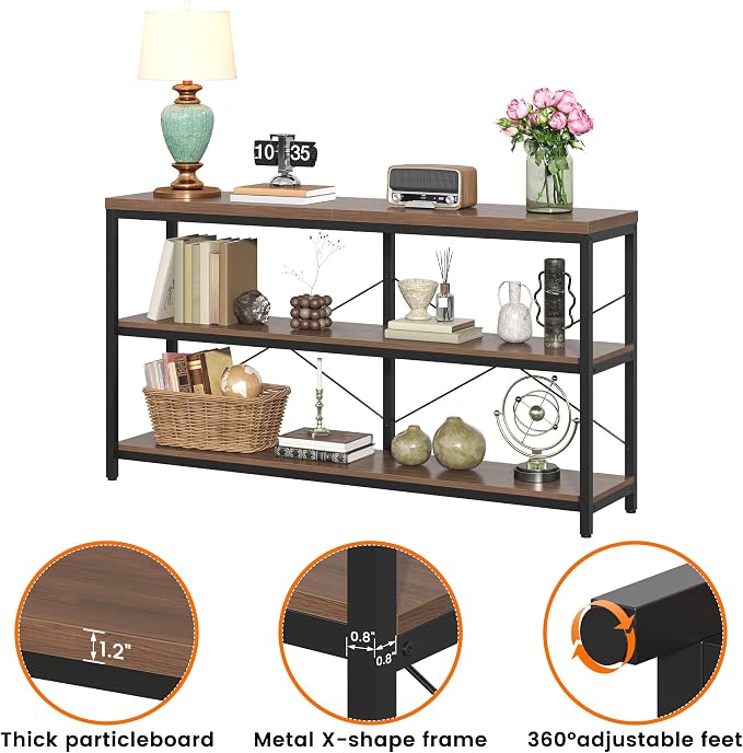 3-Tier Industrial Bookshelf, Wide Wood Horizontal Bookcase, Open Large Book - Image 9
