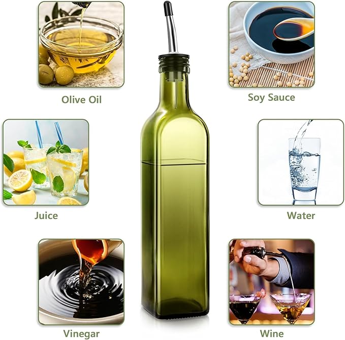 Olive Oil Dispenser Bottle, 17oz Glass Olive Oil Dispenser and Vinegar Dispenser Set 500ml Green Glass Oil Bottle Dispenser with Pourers,Funnel and Brush