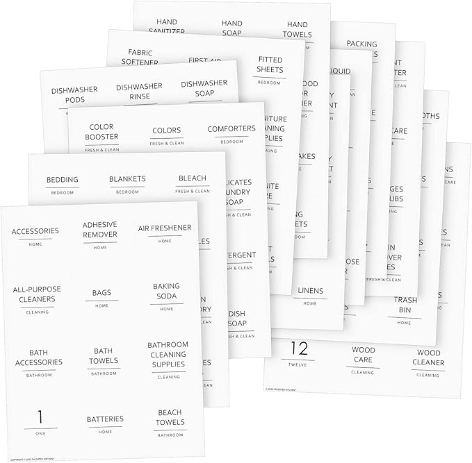 Talented Kitchen 144 Minimalist Laundry Room Labels - 2.5" x 2.5", Black on White Matte Vinyl - Organize Glass Jars & Spray Bottles, Water-Resistant Labels for Laundry Room Organization