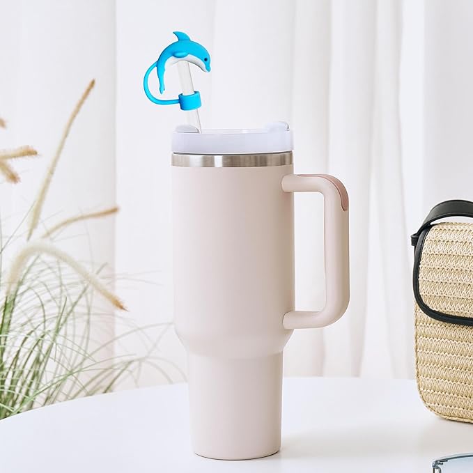 6PCS Cute Sea Animal Silicone Straw Cover Cap for Stanley 30&40 Oz Tumbler with Handle, 10mm Dust-Proof Reusable Straw Tips Lids