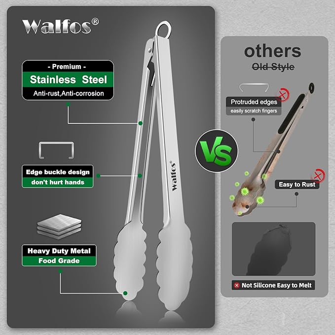 Walfos Kitchen Tongs for Cooking, 600℉ Heat Resistant Stainless Steel Tongs, All Metal Heavy Duty Tongs For Food ,BBQ Grilling - 7 ,9 and 12 Inch ,Set of 3