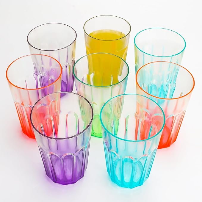 Plastic Drinking Glasses Set of 8, Plastic Cups Reusbale Tumblers for Kitchen Camping, Water Cup Set with Gradient Color, Unbreakable Bathroom Cups, BPA Free, Dishwasher Safe, 15.2oz, 4 Colors,8 Pack