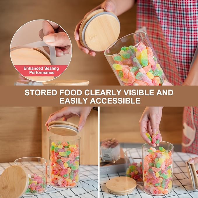 Liuruiyu Glass Food Storage Jars Set of 8,26oz-Glass Storage Containers Clear Glass Food Canister with Bamboo Lid Airtight For Serving Tea, Coffee, Flour,Candy, Cookie, Spice(Round-80CMx150CM)