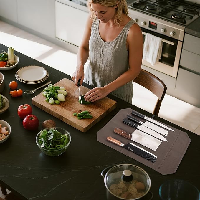 HERSENT A Chef's Knife Roll Bag - Portable Travel Chef Knife Case Carrier Holder Storage Bag With 4 Slots Best Gift For Pro Chef Or Culinary Enthusiasts Men Women HGJ03-P (Coffee)