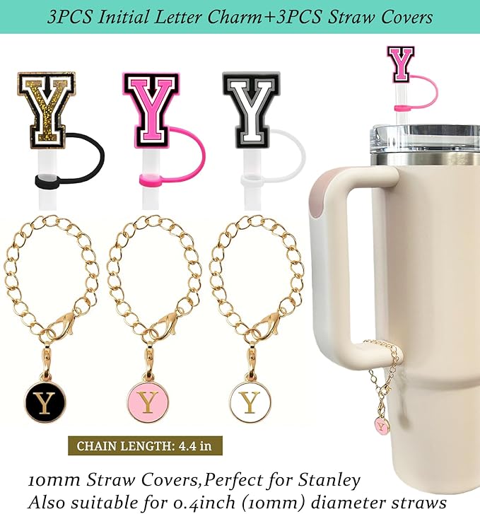 (3 +3) 3PCS Nuozme Straw Cover 10mm For Stanley Tumbler Cup Reusable Straw Cap Topper with 3 Initial Letter Charms Accessories Name ID Personalized Handle Charm For Stanley 30&40 Oz Cup Tumbler