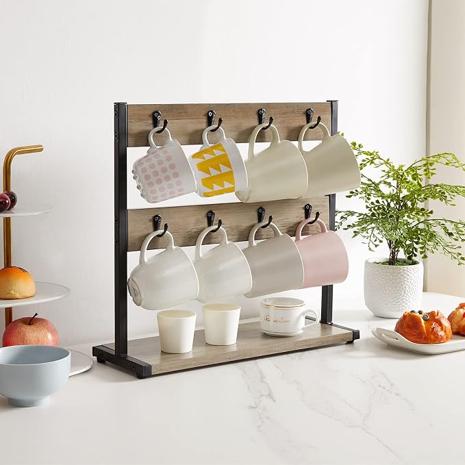 IBUYKE Wood Coffee Mug Holder for Countertop, 16 Hook Mug Tree Holder Rack - Image 8